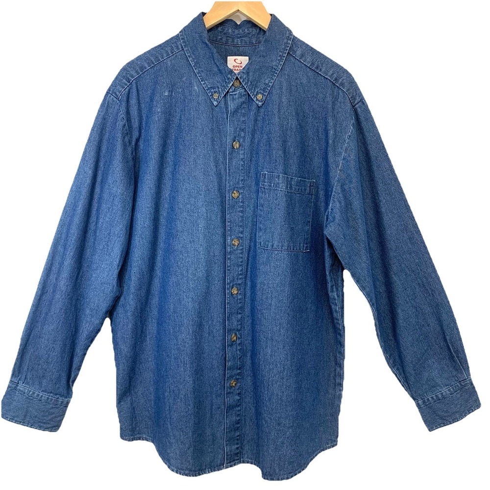 Open Trails Denim Shirt Button Down Men Large Long‎ Sleeve 100% Cotton Heavy